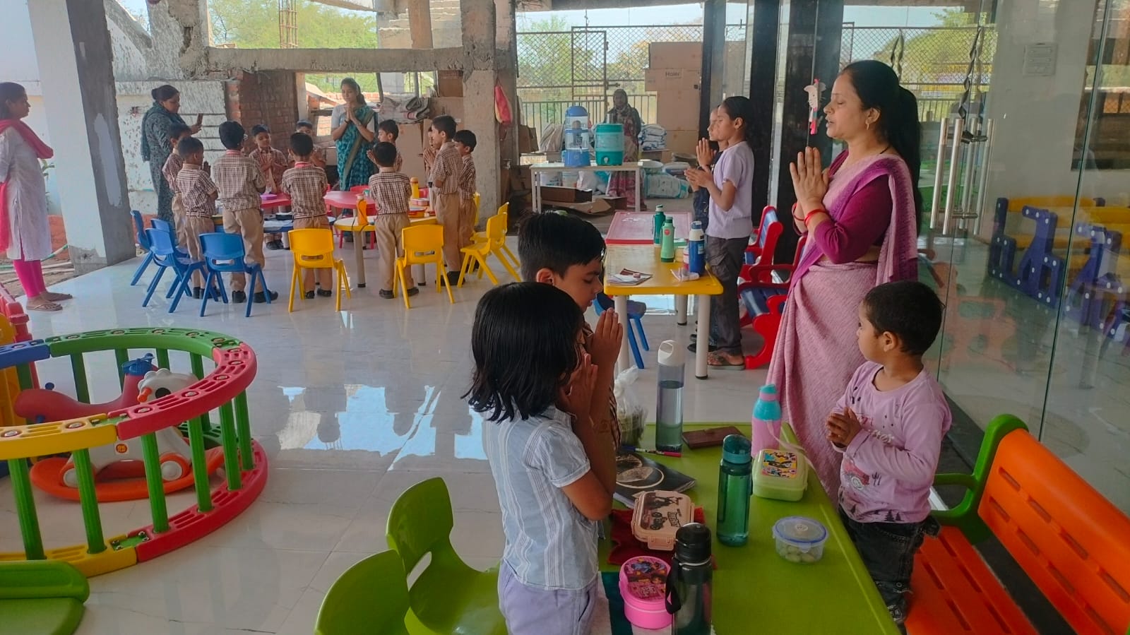 Children following a supervised school routine